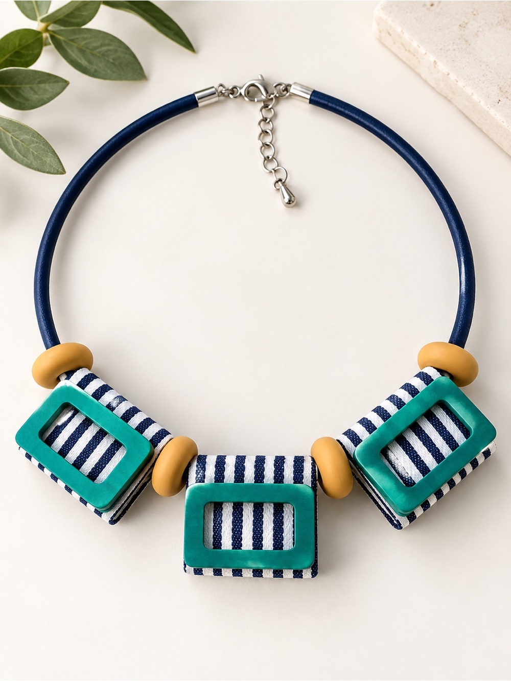 Chunky Geometric Statement Necklace Blue White Teal Fabric Wood Beaded